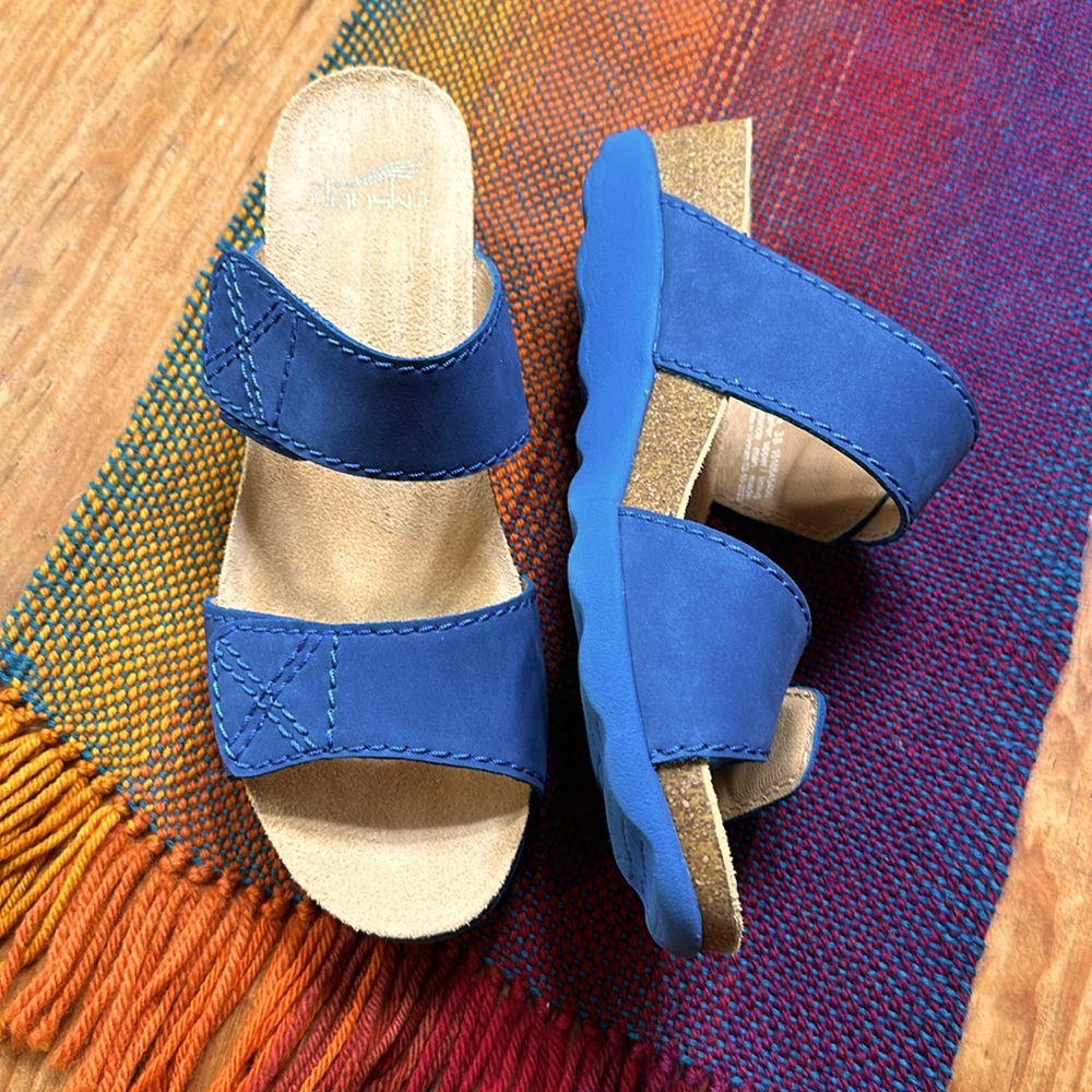 Dansko blue suede Velcro strap wedge sandals